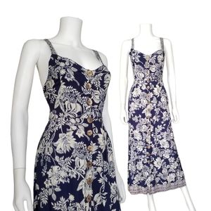 Navy Blue Tropical Floral Print Sun Dress S Angie Rayon Hawaiian Maxi Dress